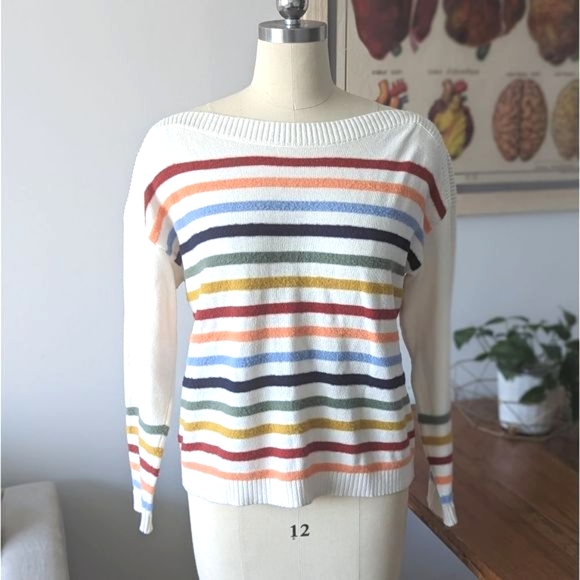 Oversized LOFT Fuzzy Striped Sweater Whipped Cream Multi New. S - Picture 1 of 14